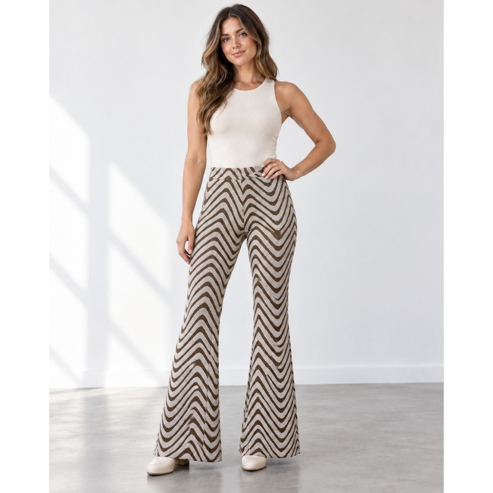 Urban Outfitters Brown Wavy Psychedelic Knit Flare Pants Small Retro 70s Boho